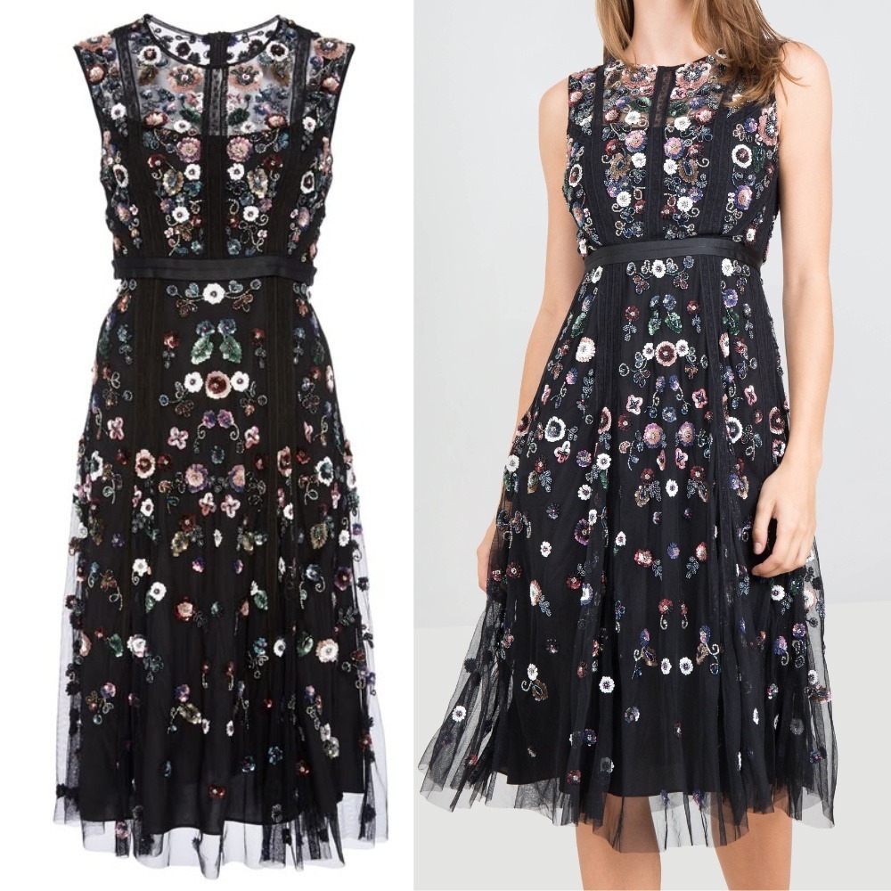 Needle & Thread Floral Ombre‎ Dress 8 Black Sequin Beaded Embellished Midi